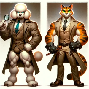 DALL·E 2024-04-12 17.46.52 - Create a square image of two anthropomorphic detective characters, each exuding a tough and rugged demeanor with muscular builds. The first character