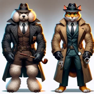 DALL·E 2024-04-12 17.54.53 - Create a square image of two anthropomorphic detective characters with swapped outfits, each exuding an extremely tough and rugged demeanor with even