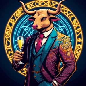 DALL·E 2024-04-17 07.01.14 - Create a majestic and imposing image of a light brown anthropomorphic bull character, matching the style of the provided image with a flat, 2D pop art