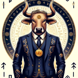 DALL·E 2024-04-17 07.01.48 - Create an image of a stylized anthropomorphic bull character inspired by Nordic culture, dressed in a luxurious suit with runes and Nordic patterns. T