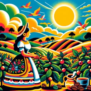 DALL·E 2024-05-01 06.57.58 - A vibrant and stylized illustration in the style of Latin American folk art depicting a coffee-themed scene. The setting is a rural Colombian landscap