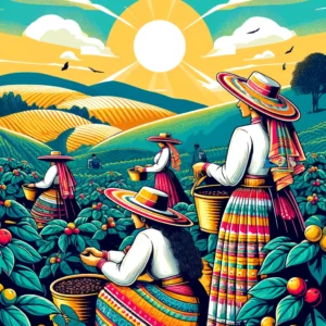 DALL·E 2024-05-01 08.50.44 - Create a vibrant and detailed illustration in the style of the uploaded image, set in a rural Colombian landscape. The scene should feature several wo