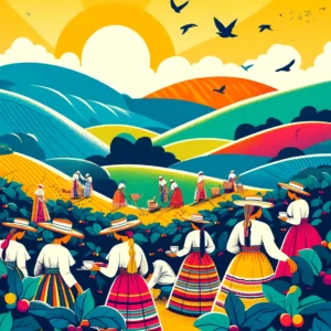 DALL·E 2024-05-01 09.00.25 - Create a vibrant and detailed illustration in the style of the uploaded image, set in a colorful Colombian landscape. The scene should feature several