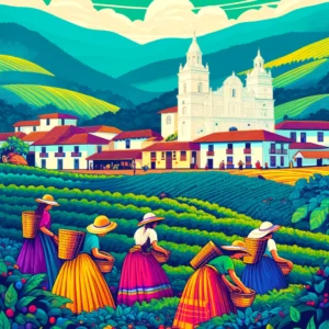 DALL·E 2024-05-03 04.11.28 - Create a more colorful illustration in the style of Latin American folk art, depicting women in traditional Colombian attire picking coffee in the fie
