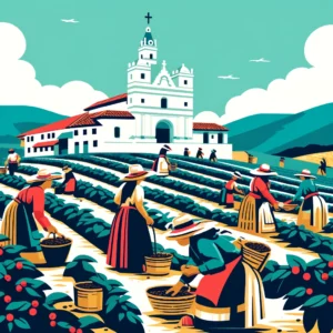 DALL·E 2024-05-03 04.11.32 - Create an illustration in the style of Latin American folk art, depicting women in traditional Colombian attire picking coffee in the fields. In the b