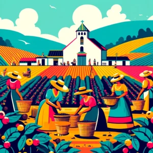 DALL·E 2024-05-03 04.17.55 - Create a vibrant illustration in the style of Latin American folk art, depicting women in traditional Colombian attire picking coffee in the fields. T