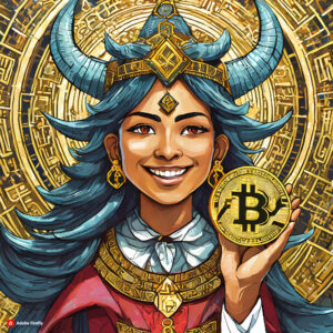 Firefly god thor with 1 bitcoin in his hand, behind rune symbols and letters, 2d, pixar art style, b (1)